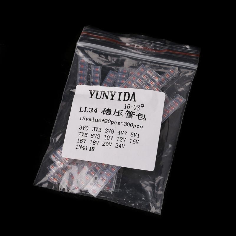 300 Pcs 15 Values LL34 SMD Zener Diode 1/2W 3V-24V 1N4148 Assortment Kit