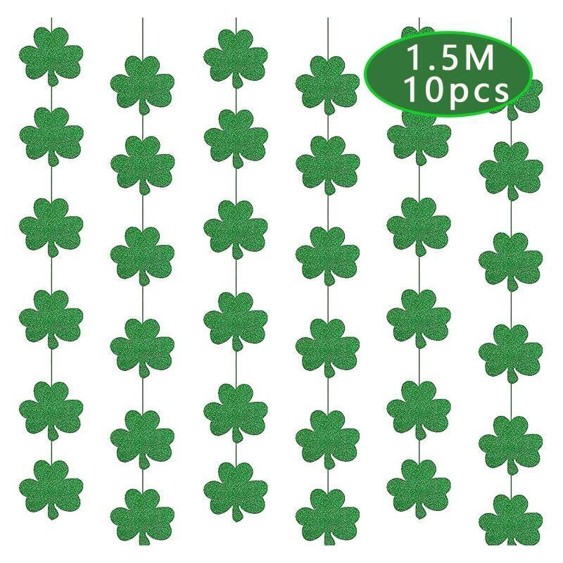 St Patrick's Day Paper Clover Garland Banner Green Shamrock Glitter Paper