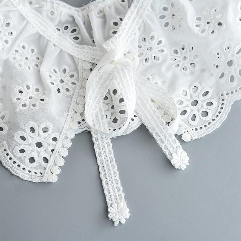 Women Embroidery Lotus Root Pattern Faux Collar Pleated Shawl Lace-Up Cape Scarf