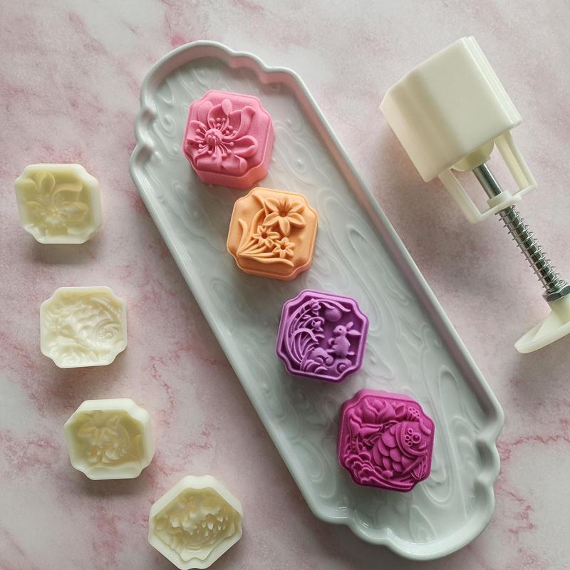 Moon Cake Moulds with 4 Different Stamps DIY Baking Mold for Mid-Autumn Festival