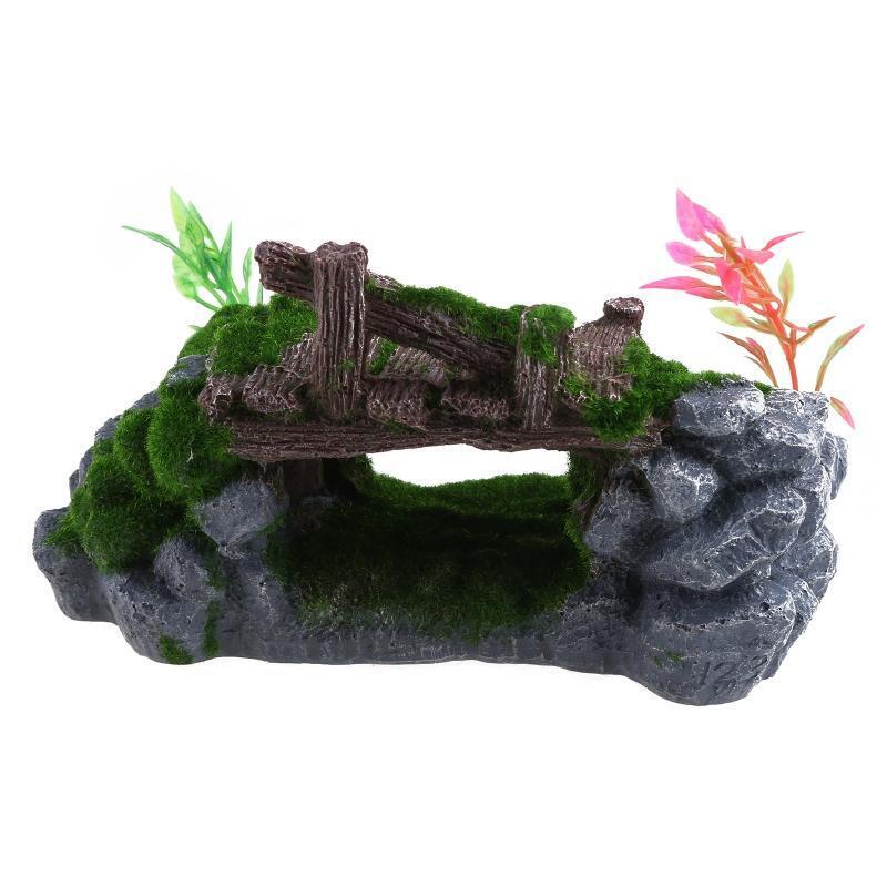 Aquarium Decor Wood Bridge Fish Tank Betta Shelter with Rocks for Aquatic Pet