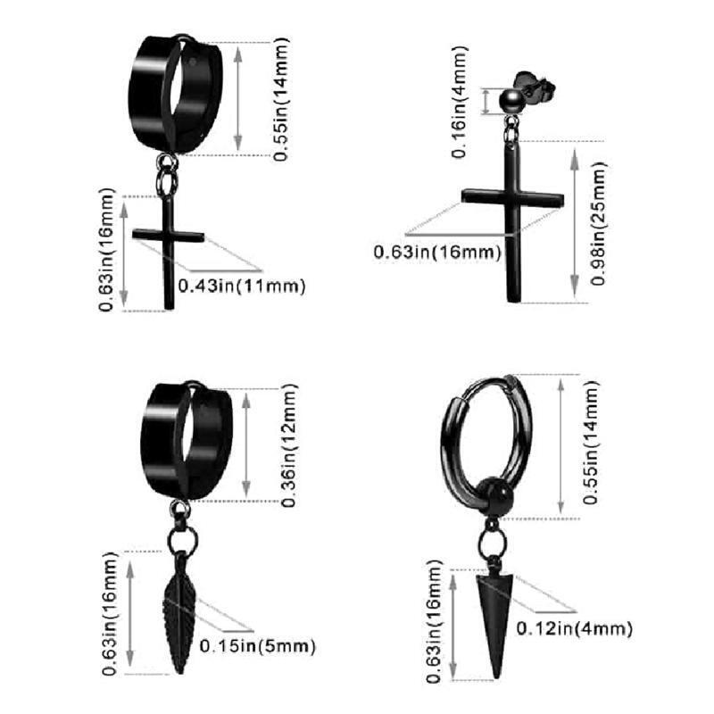 12Set Black Cross Dangle Earrings for Men Stainless Steel Piercing Hoop Earrings