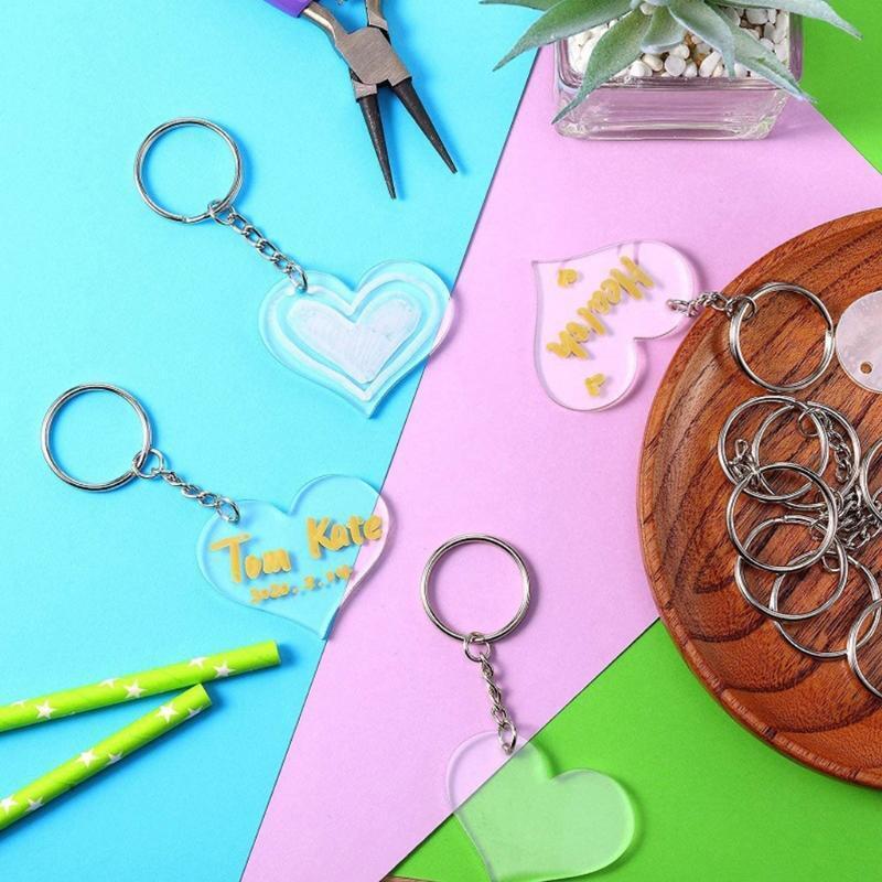 90Pcs Acrylic Discs Clear Heart Keychain Blanks Charms Colourful Tassel Key Ring