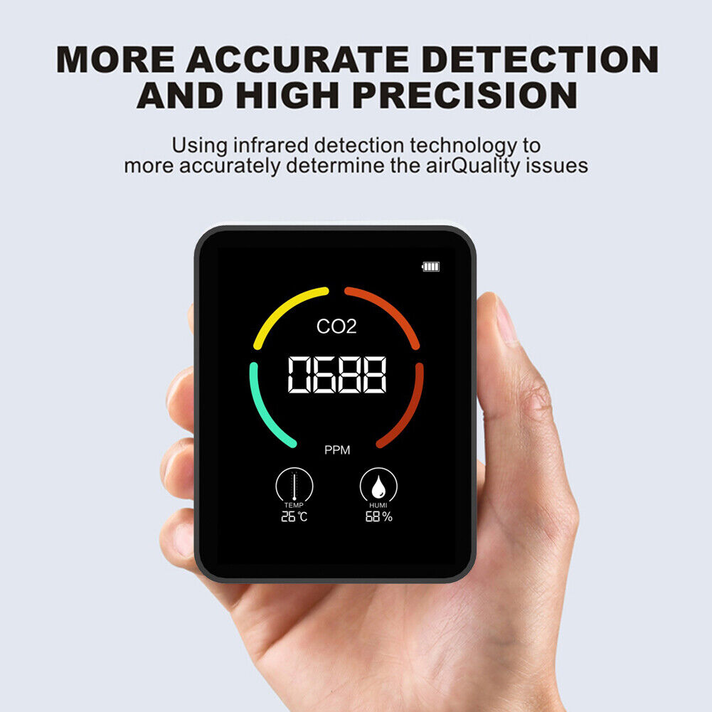 Portable CO2 Air Monitor Quality Temperature Humidity Home Detector (Black)