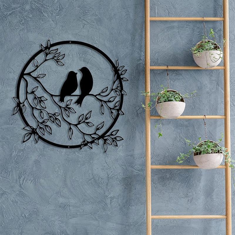 Metal Couple Bird on Branch Sculpture Iron Wall Silhouette Round Plaque Decor