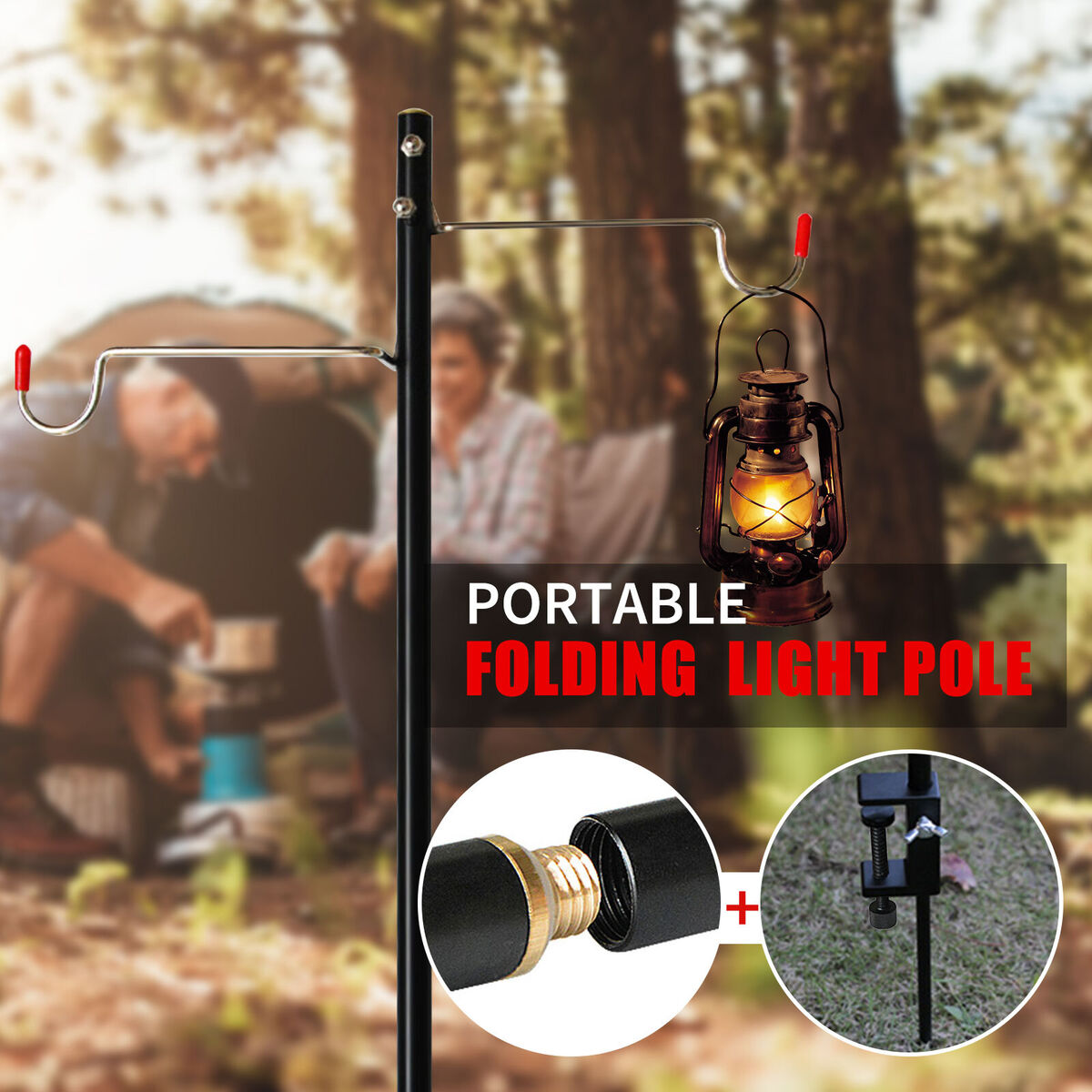 Folding Lantern Post Pole - Collapsible Hanging Light Stand Holder Hook