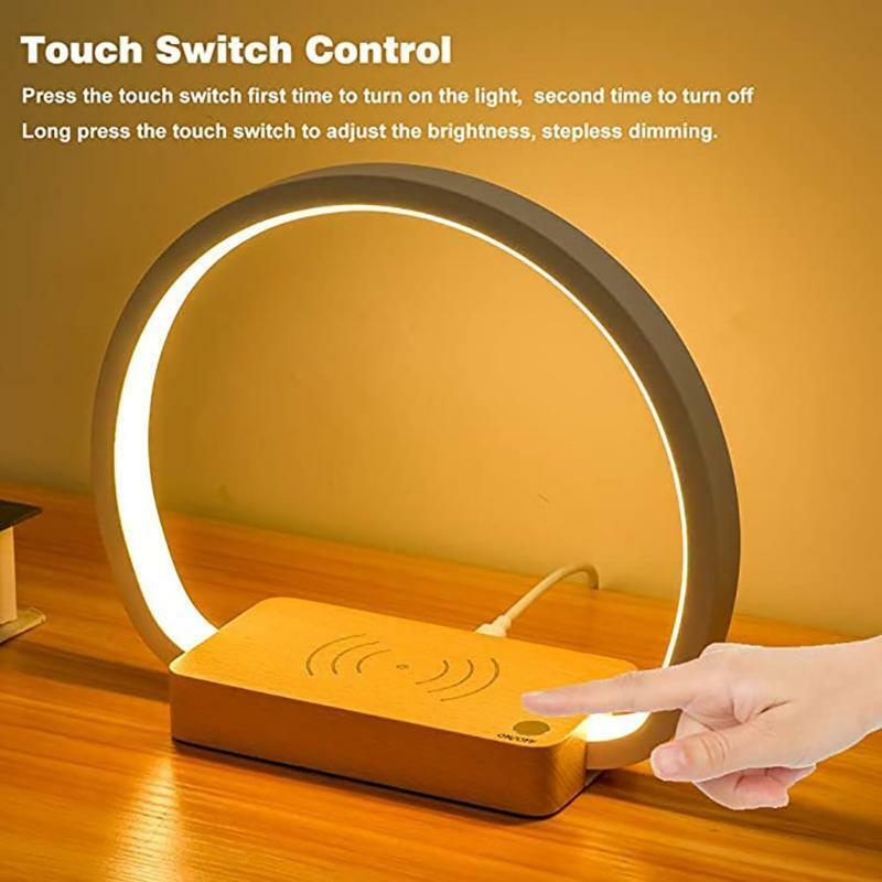 Wireless Charger Wood LED Table Lamp with Touch Control Eye-Caring Reading Light