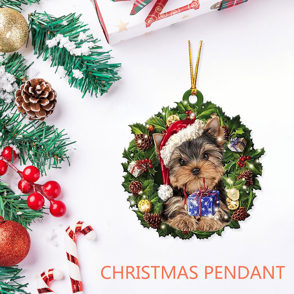 Christmas Wood Dog Wreath Pendant Home Wall Xmas Tree Festival Decor (A)