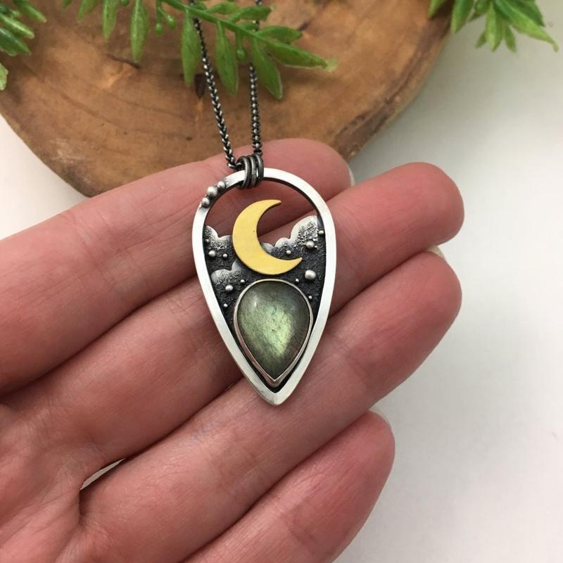 Boho Moon Stone Pendant Necklace Teardrop Clavicle Chain Hollow-out Neck Jewelry