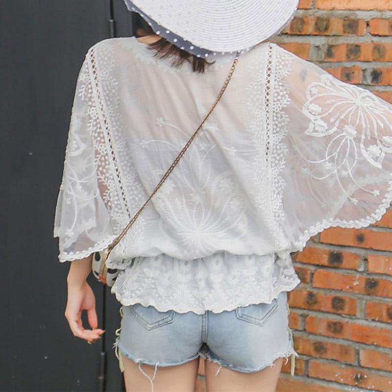 Women Embroidery Floral Lace Shirt Batwing Sleeve Ruffle Loose Chiffon Blouse