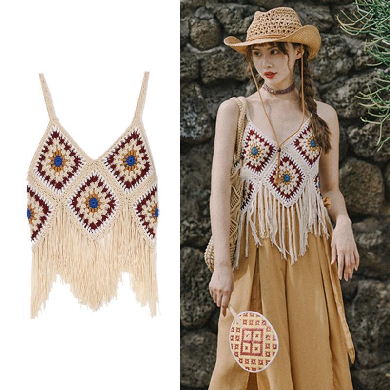 Women Boho Crochet Sleeveless Crop Top Tassel Hem V-Neck Diamond Plaid Camisole