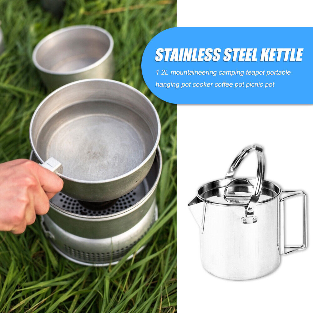 1.2L Stainless Steel Teapot Outdoor Camping Hiking Cooking Kettle with Lid