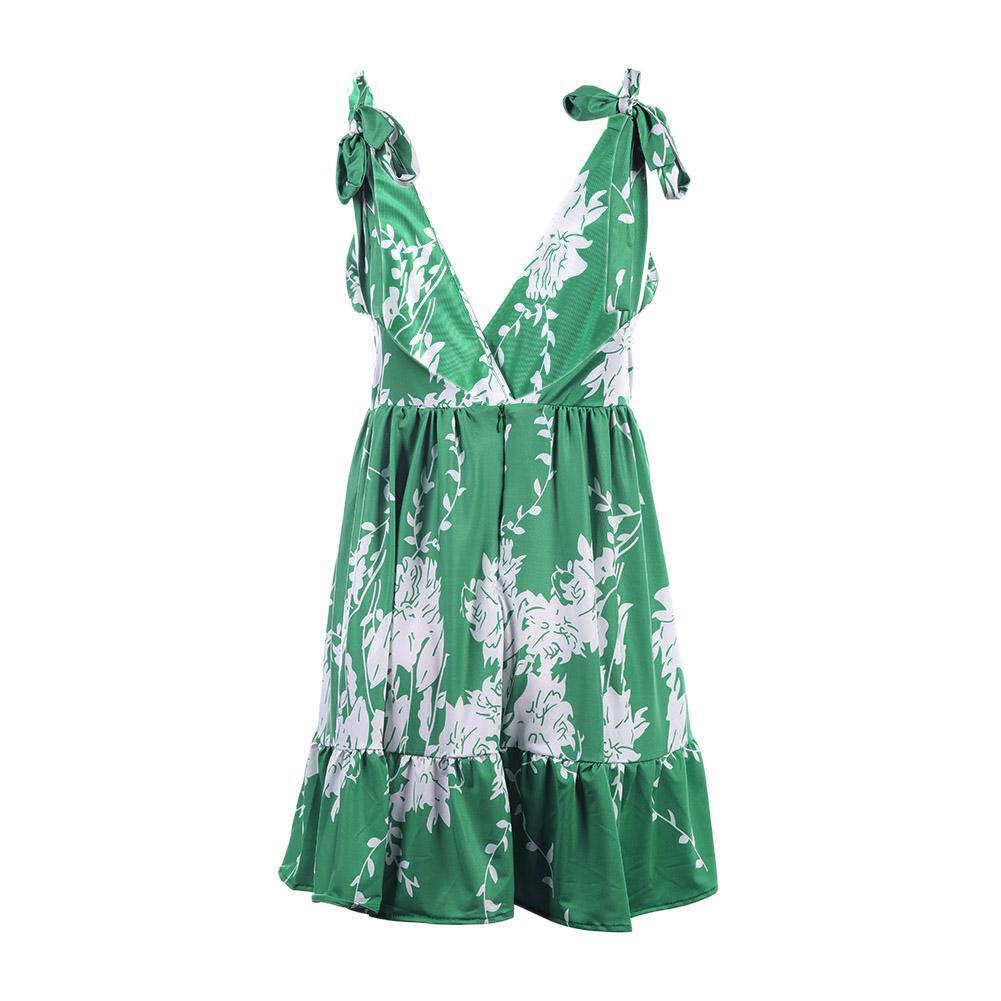 Sleeveless Floral Print Dress Women Deep V Neck Backless Halter Dress(XL)