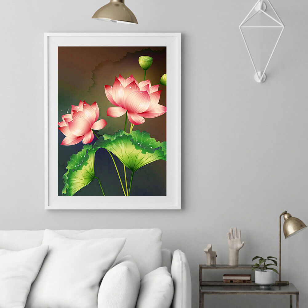 Diamond 5D Drill Pink Lotus DIY Painting Full Picture Round Kit Ornaments
