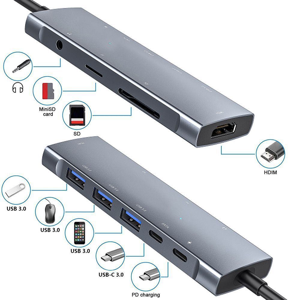 Expander Audio VGA USB3.0 4K HDMI 9 in 1 Adapter USB Type C Hub PD Charging