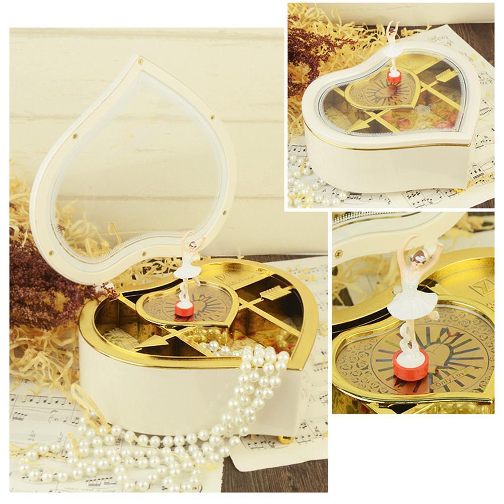 Romantic Love Heart Ballerina Music Box Jewelry Storage Case (White)