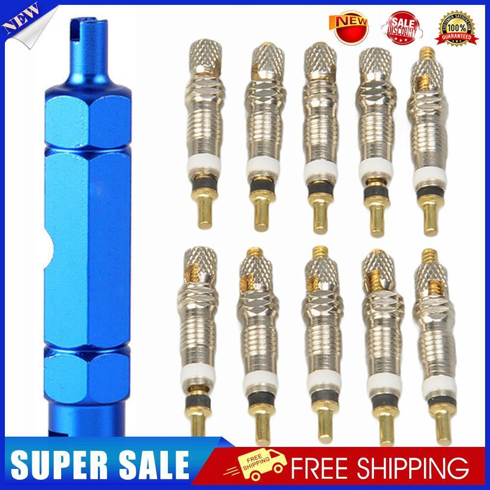 10pcs Aluminum MTB Presta Bicycle Tire Valve Core + Removal Tools (Blue)