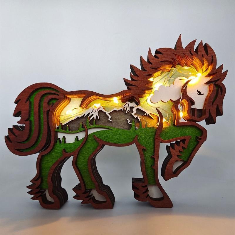 Wood Horse Ornament Glowing Multi Layer Sculpture Crafts for Home Ornaments