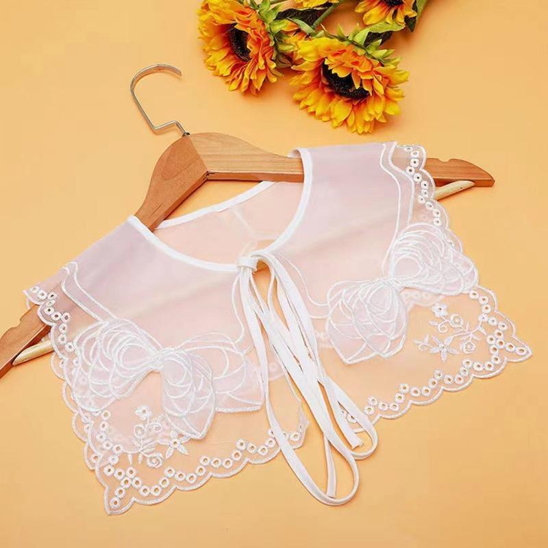Women Double Layer Organza Collar Shawl Hollow Out Embroidery Bowknot Scarf Cape