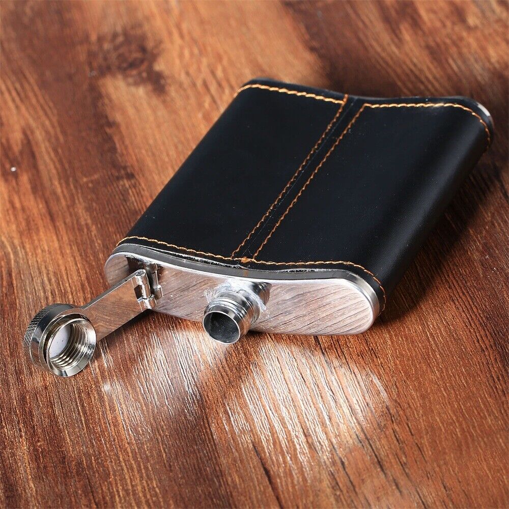 7oz Black PU Leather Steel Liquor Hip Flask Whiskey Alcohol Wine Flagon Bottle