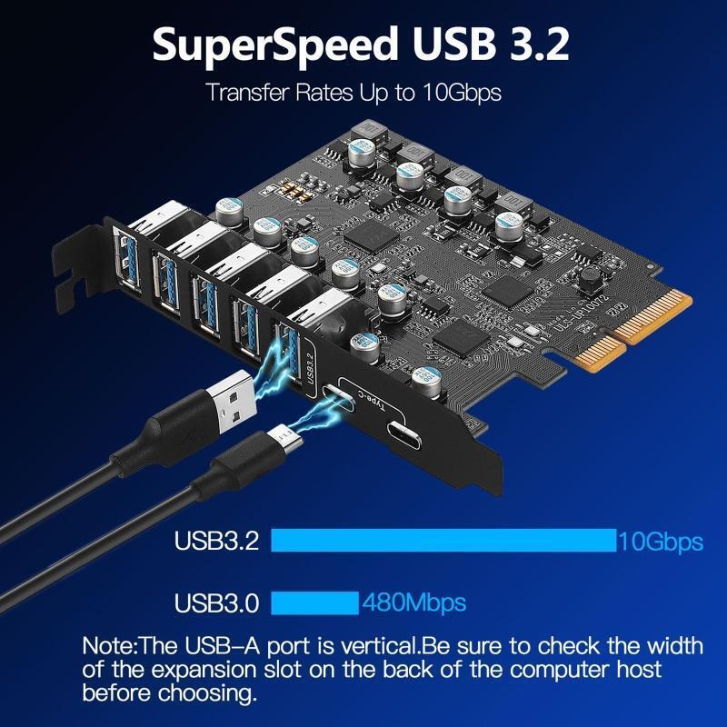 7-Port  10Gb Usb 3.2 Pcie Rise PCI-E to 5 Type-A 2 Type C Expansion Adapter Card
