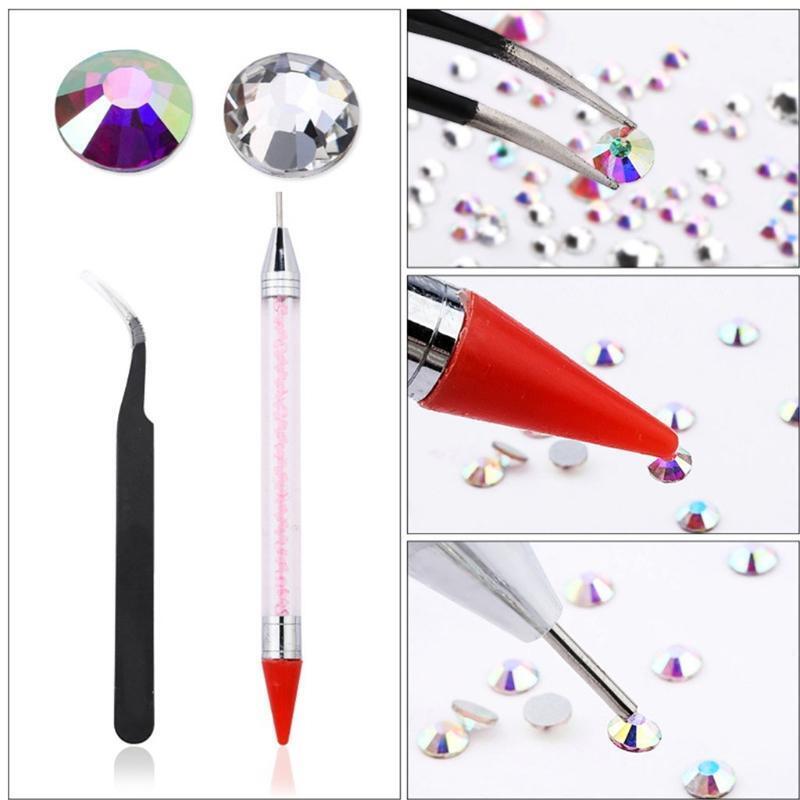 12 Grids Flatback Nail Art Decorations with Dual-ended Dotting Pen Tweezers Set