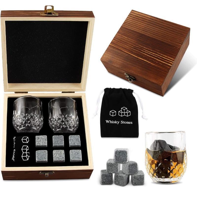 Whiskey Glass Set with 6 Pcs Whiskey Bourbon Chilling Stones in Wooden Box