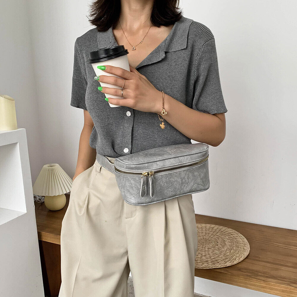 Fashion PU Shoulder Bag Women Solid Fanny Zip Chest Crossbody Pack (Grey)