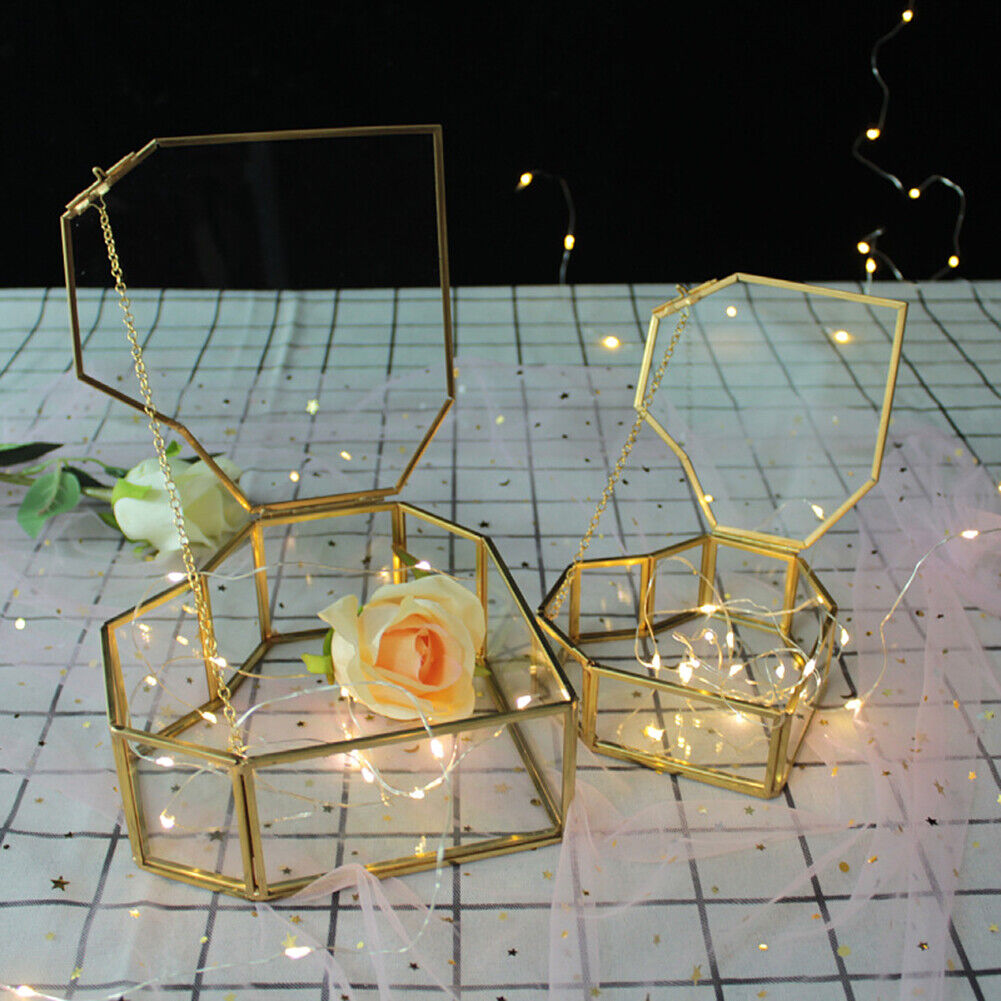 Hexagon Transparent Glass Jewelry Box Wedding Ring Earrings Holder (Heart)