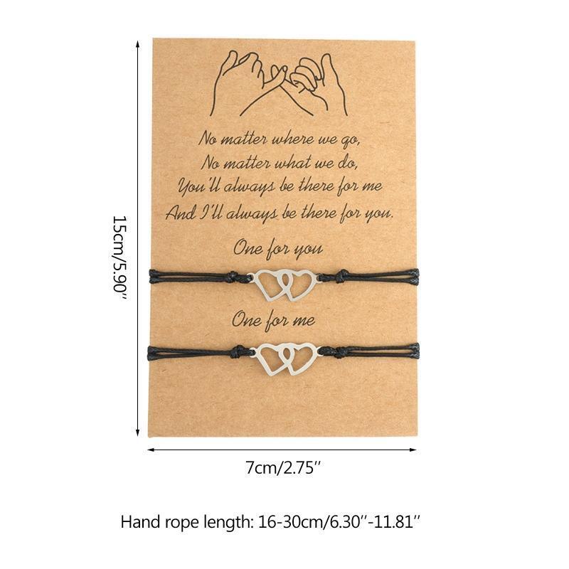 Creative Stainless Steel Heart-shaped Waxed Braided Card Bracelet 2-piece Set