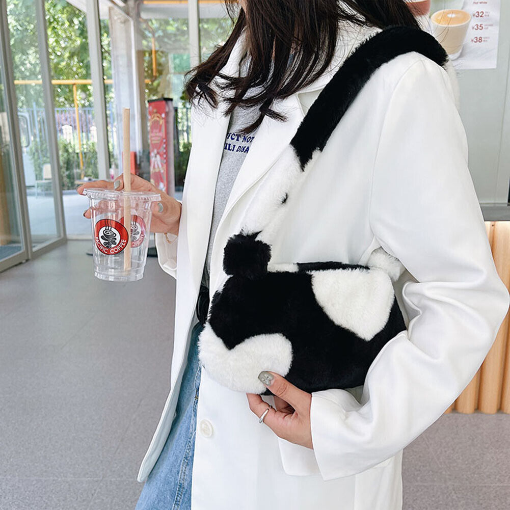 Fashion Women Flower Love Print Plush Shoulder Bag Handbags (Black Heart)