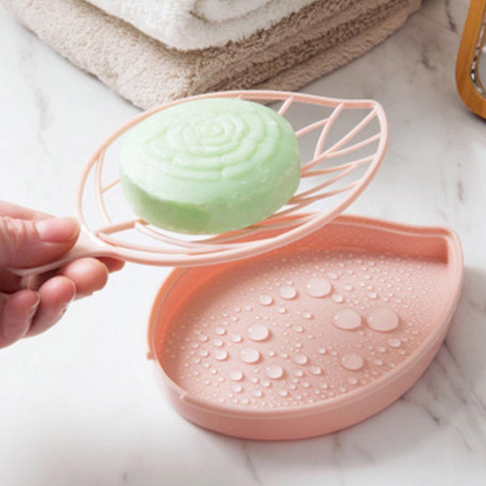 Double Layer Leaf Shape Drain Soap Box Soap Storage Holder Container(Pink)