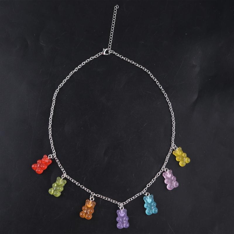 Colorful Transparent Bear Pendant Necklace Animal Choker Necklace for Women Girl