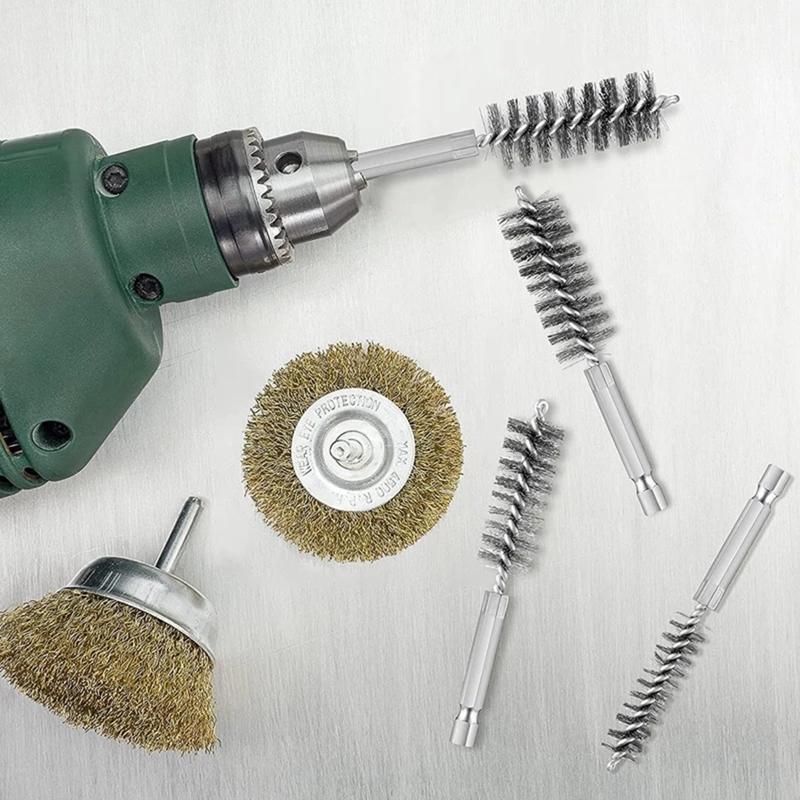 6pcs Stainless Steel Bore Brush Nylon Bristles Twisted Wire Brush with Hex Shank