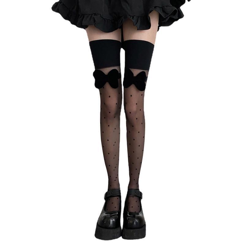 Women Lolita Sheer Thigh High Stockings Polka Dot Sweet Big Bow Over Knee Socks