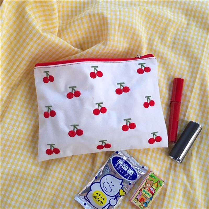 Cute Little Cherry Embroidery Storage Bag with Zipper Coin Lipstick Bags