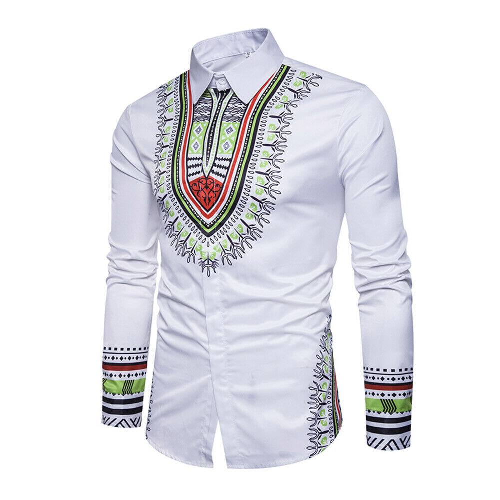 Spring Men Turn Down Collar Totem Print Long Sleeve Ethnic Shirt(White XL)-