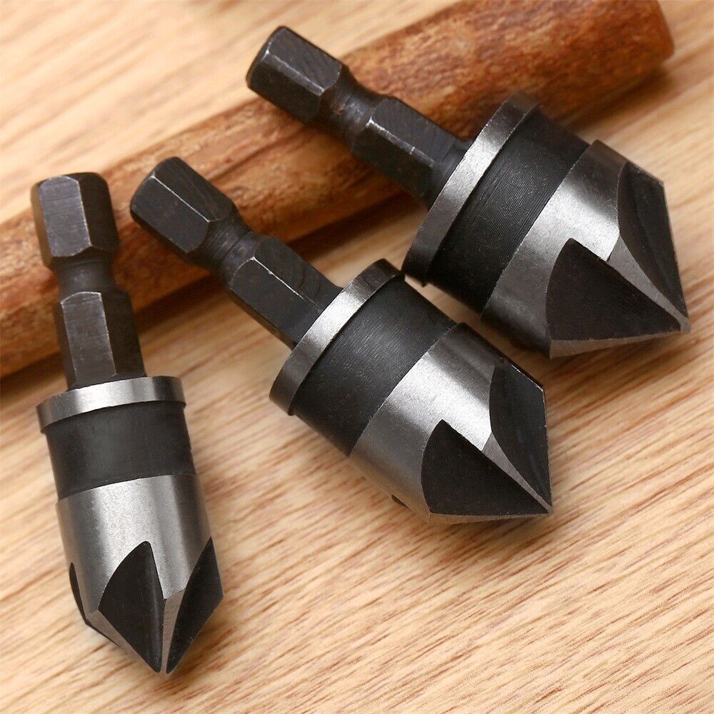 3Pcs Hex Shank 90° Degree 5 Flute Countersink End Chamfer Wood Drill Bit Set