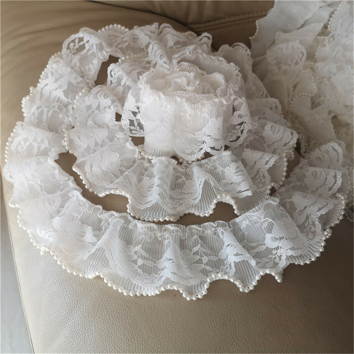 50cm Polyester 2-Layer Bead Pleated Lace Trim Ribbon Dress Cuff Sewing DIY Craft