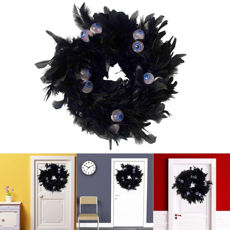 11in Black Natural Cocktail Feather Wreath with Eye Halloween Decor Door Wreath