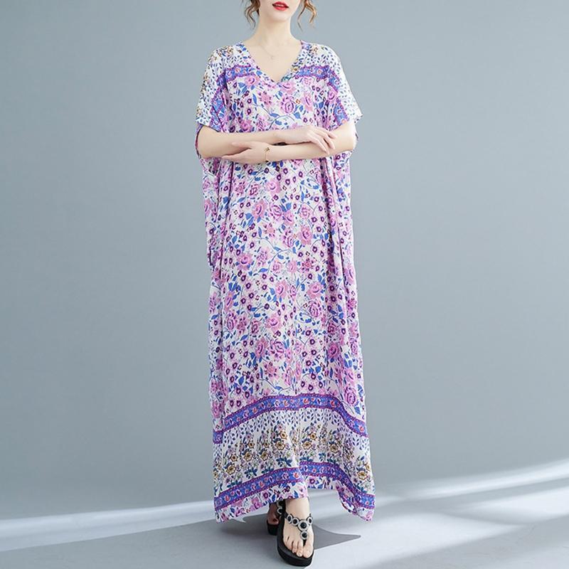 Women Loose Kaftan Swimsuit Cover Up Short Sleeve V-Neck Floral Beach Maxi Dress