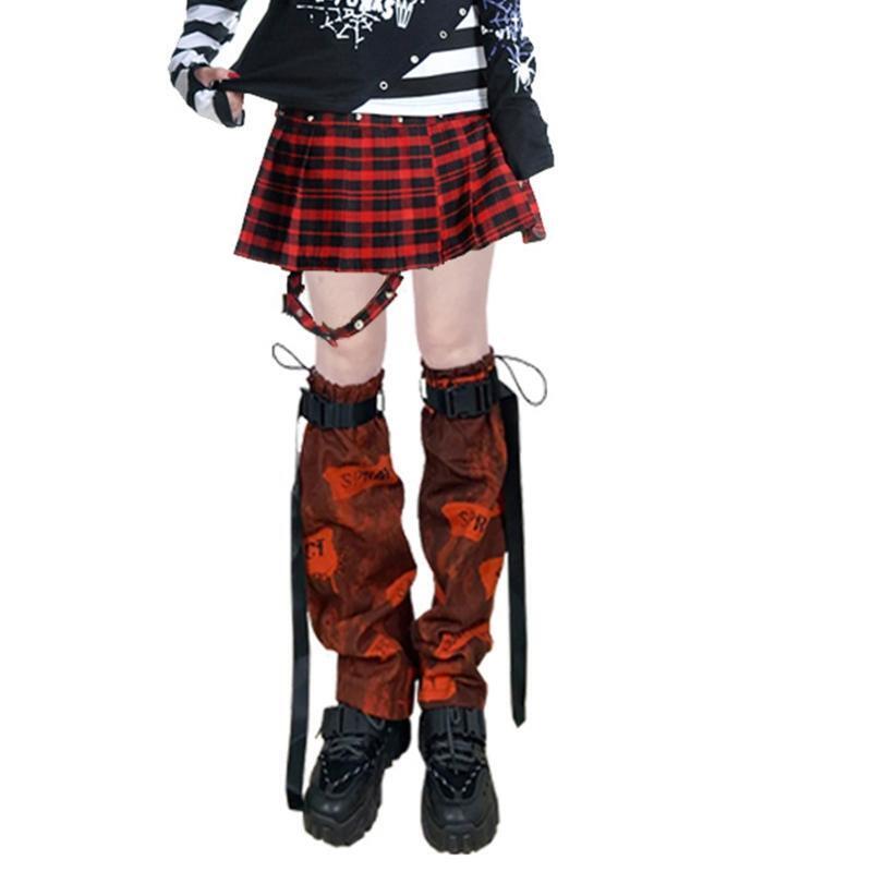 Women Punk Red Letters Leg Warmers with Buckle Belt Gothic Loose Foot Cover Sock