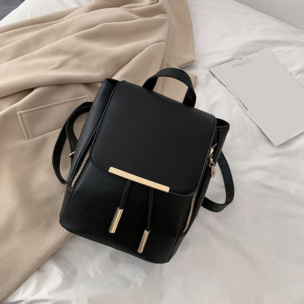 Fashion Women PU Pure Color Backpack Casual Drawstring Handbags (Black A)