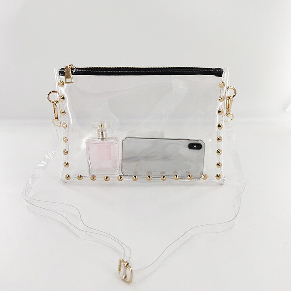 Women PVC Clear Shoulder Bag Lady Rivet Zipper Stadium Approved Handbag