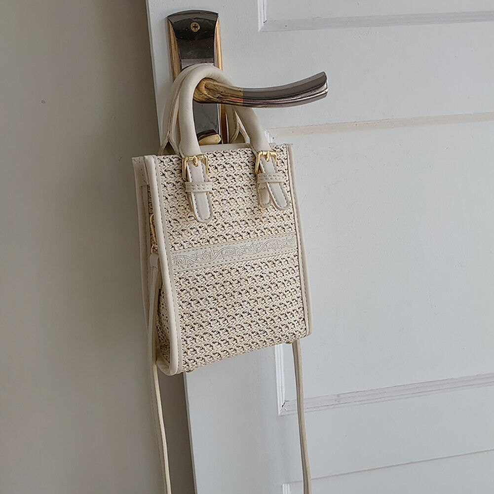 Women Straw Crossbody Bag Boho Beach Hand Woven Purses Tote Handbag (White)