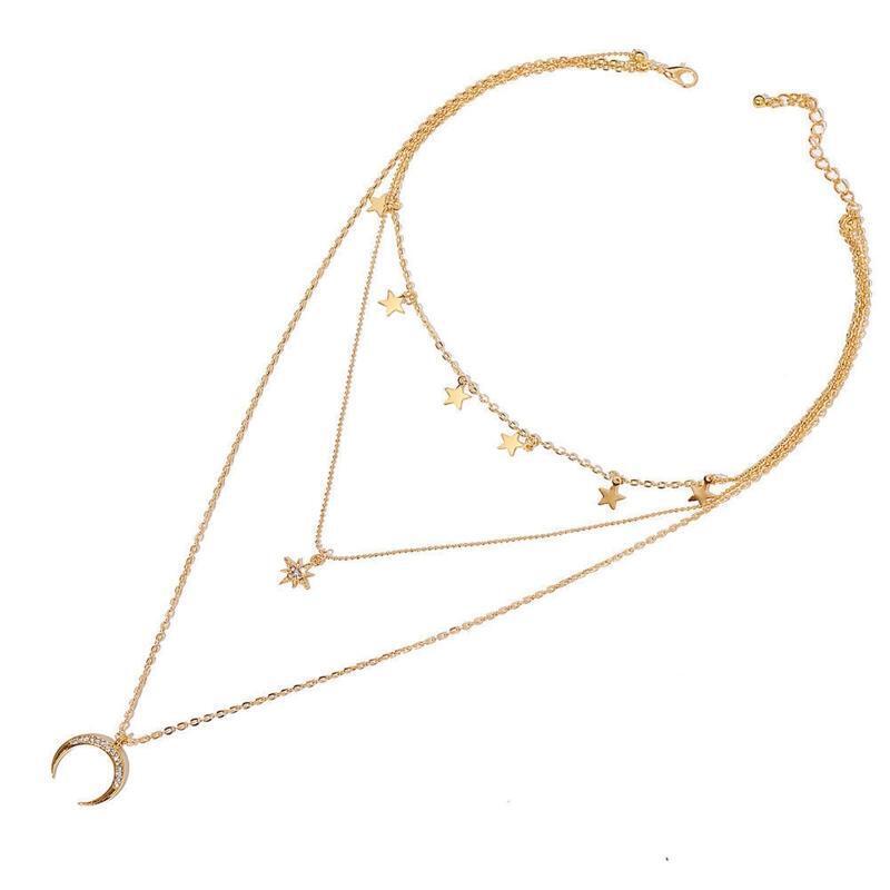 Eight Awn Star Necklace Three-layer Star Moon Bohemian Choker Chain Jewelry