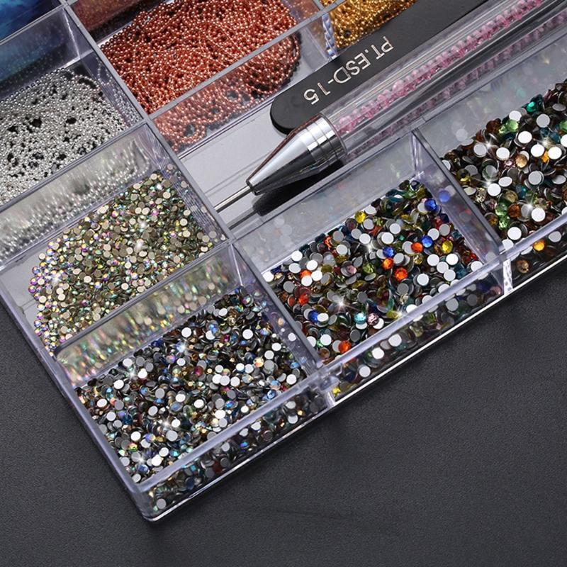 21 Grids Nails Design Kit Decor Multi Shapes with Dual-ended Dotting Pen Tweezer