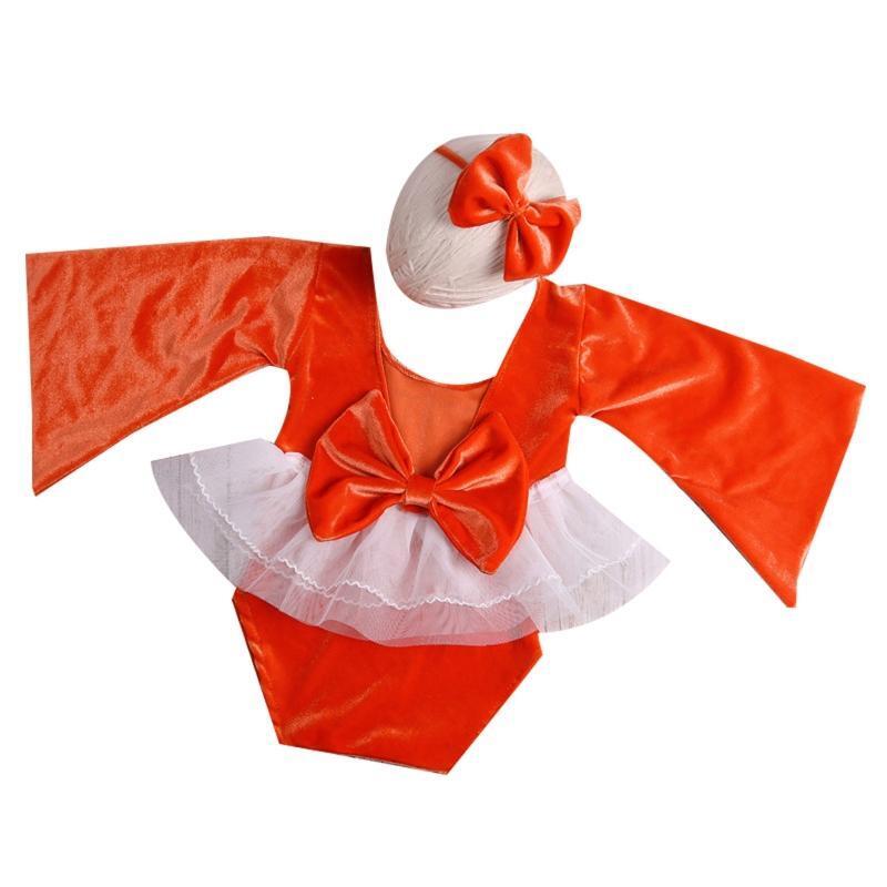 Newborn Baby Photography Clothes Soft Lace Neckline Velvet Romper Bow Hair Tie
