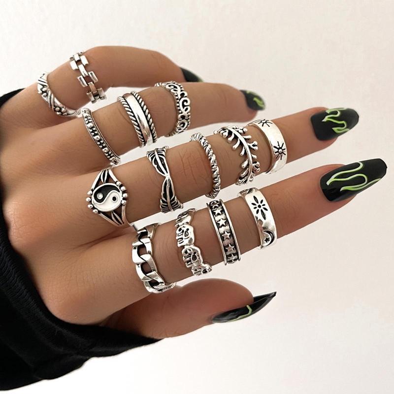 14 Pcs Neo-Gothic Rings Knuck-le Stacking Rings Yin Yang Ring Elephant Star Moon