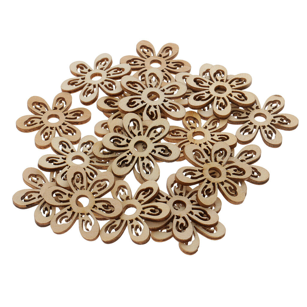 20 Pieces Unfinished Hollow Flower Shape Wooden Pieces Embellishments 35mm